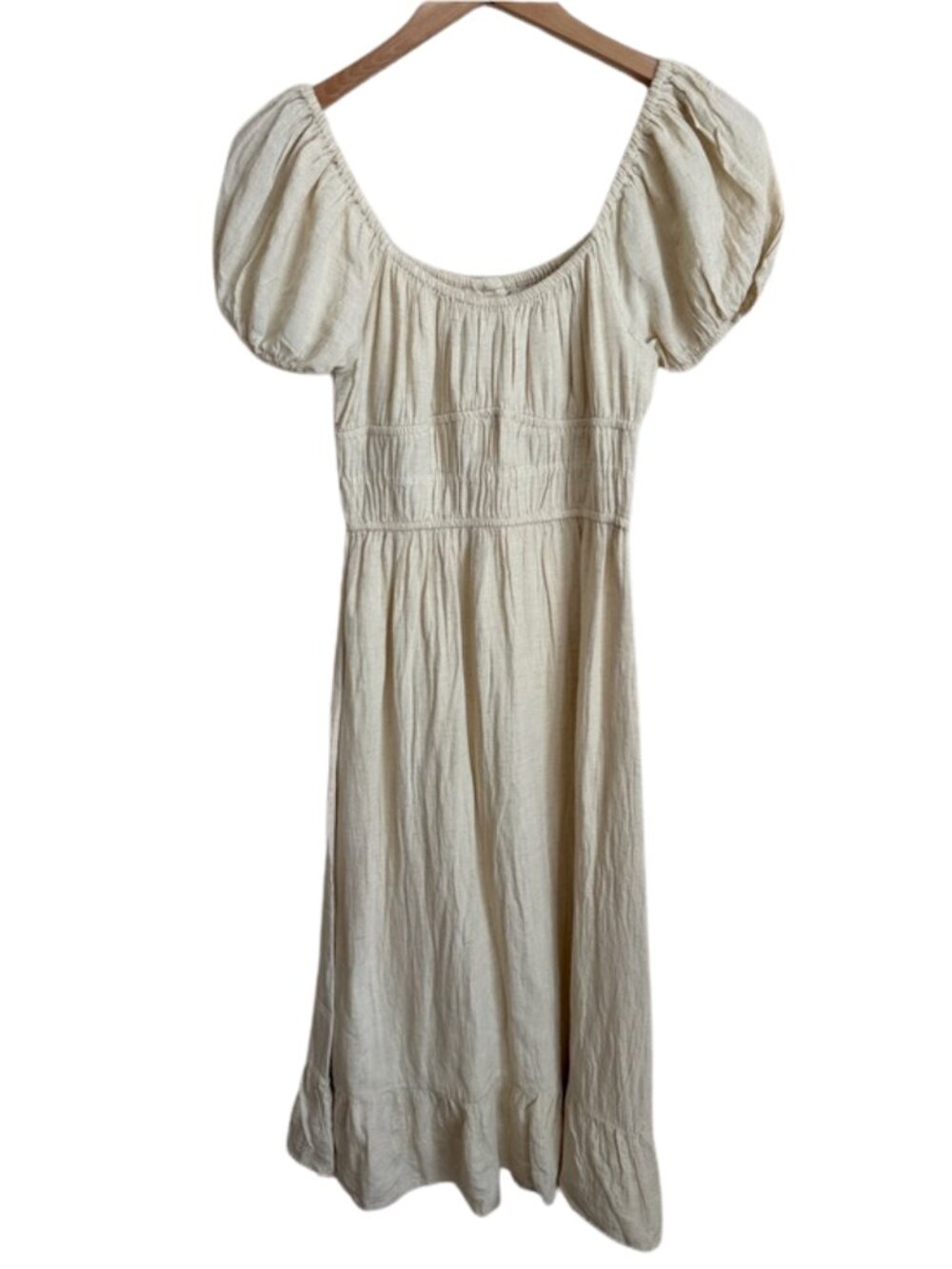 Linen Blend Milkmaid Midi Dress Small Puff Sleeve Cottagecore Lined NWT Prairie